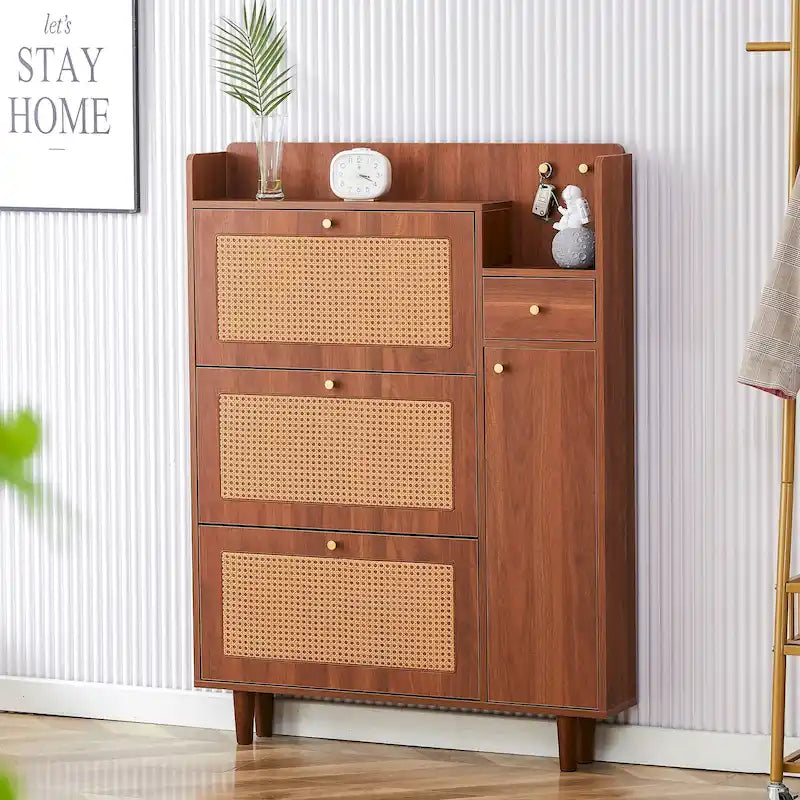 Meuble à chaussures en rotin et noyer avec porte basculante, style moderne et minimaliste, pour entrée