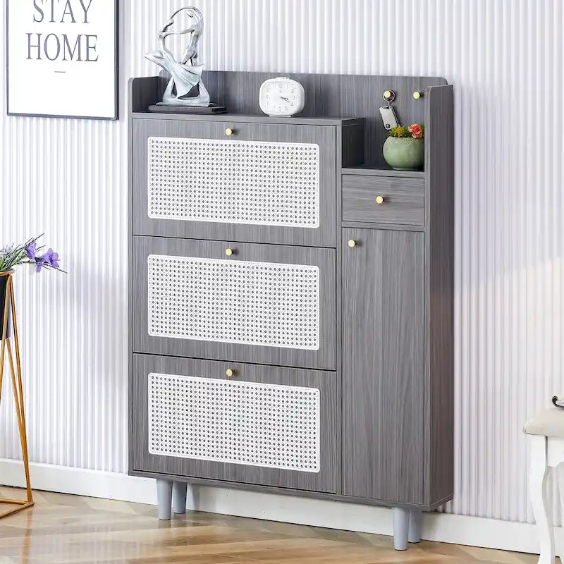 Meuble à chaussures en rotin et noyer avec porte basculante, style moderne et minimaliste, pour entrée