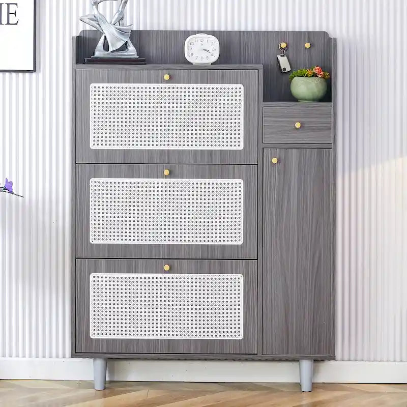 Meuble à chaussures en rotin et noyer avec porte basculante, style moderne et minimaliste, pour entrée