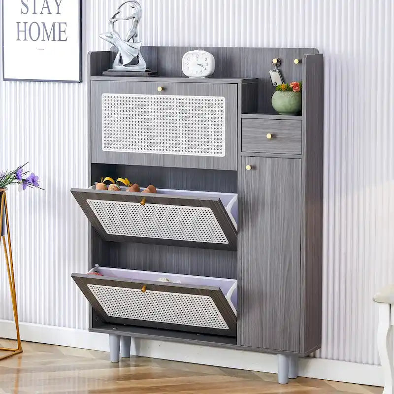 Meuble à chaussures en rotin et noyer avec porte basculante, style moderne et minimaliste, pour entrée