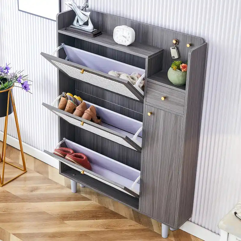 Meuble à chaussures en rotin et noyer avec porte basculante, style moderne et minimaliste, pour entrée
