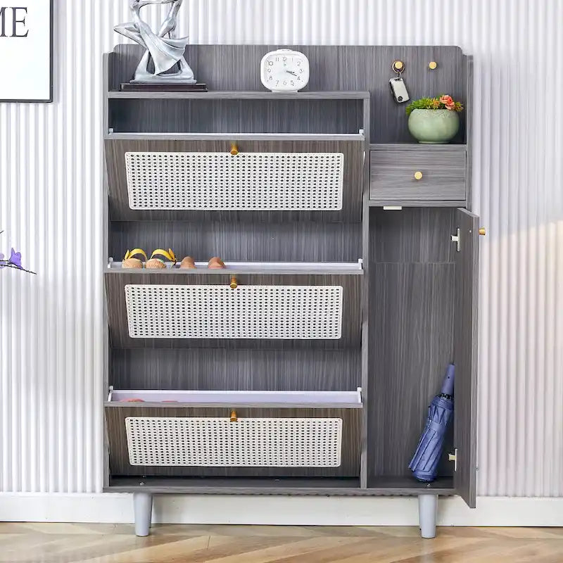 Meuble à chaussures en rotin et noyer avec porte basculante, style moderne et minimaliste, pour entrée