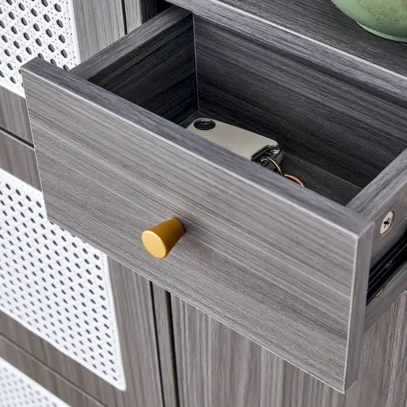 Meuble à chaussures en rotin et noyer avec porte basculante, style moderne et minimaliste, pour entrée