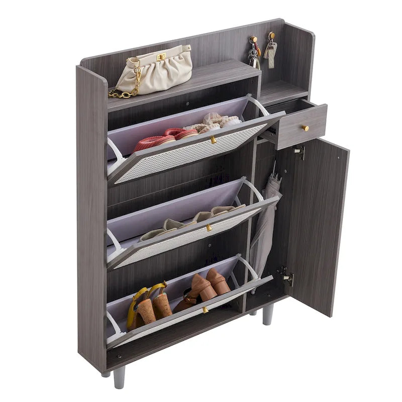 Meuble à chaussures en rotin et noyer avec porte basculante, style moderne et minimaliste, pour entrée