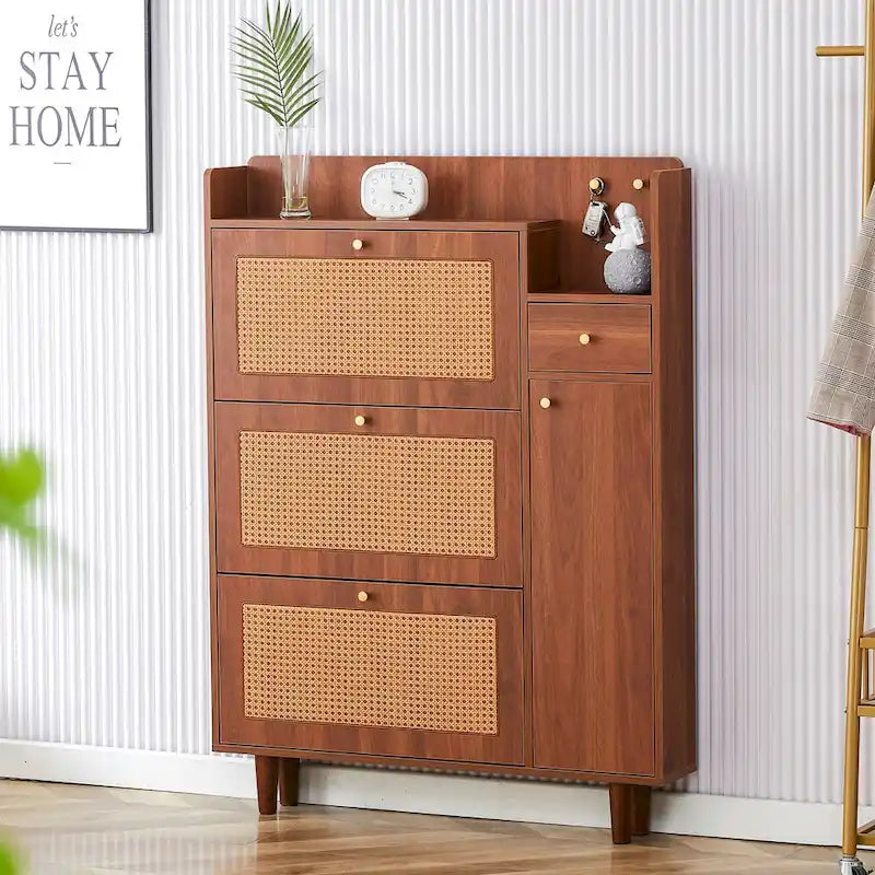 Meuble à chaussures en rotin et noyer avec porte basculante, style moderne et minimaliste, pour entrée
