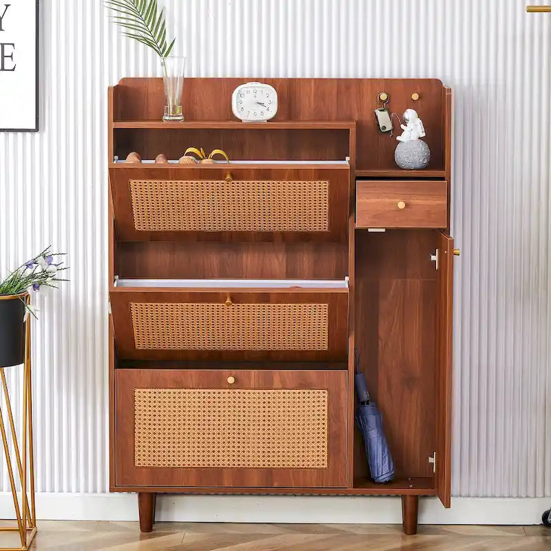 Meuble à chaussures en rotin et noyer avec porte basculante, style moderne et minimaliste, pour entrée