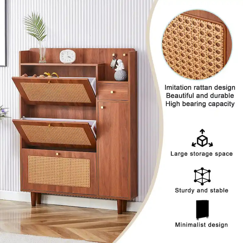 Meuble à chaussures en rotin et noyer avec porte basculante, style moderne et minimaliste, pour entrée