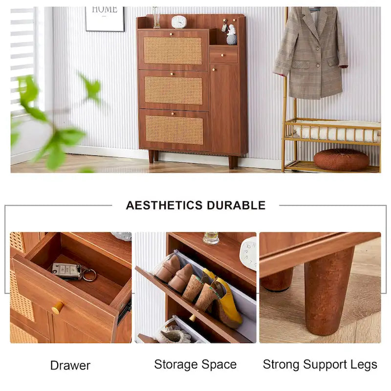 Meuble à chaussures en rotin et noyer avec porte basculante, style moderne et minimaliste, pour entrée