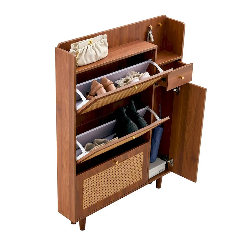 Meuble à chaussures en rotin et noyer avec porte basculante, style moderne et minimaliste, pour entrée