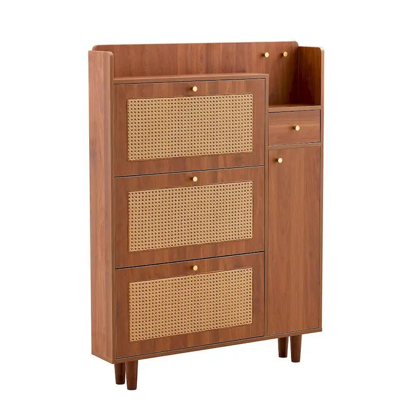 Meuble à chaussures en rotin et noyer avec porte basculante, style moderne et minimaliste, pour entrée