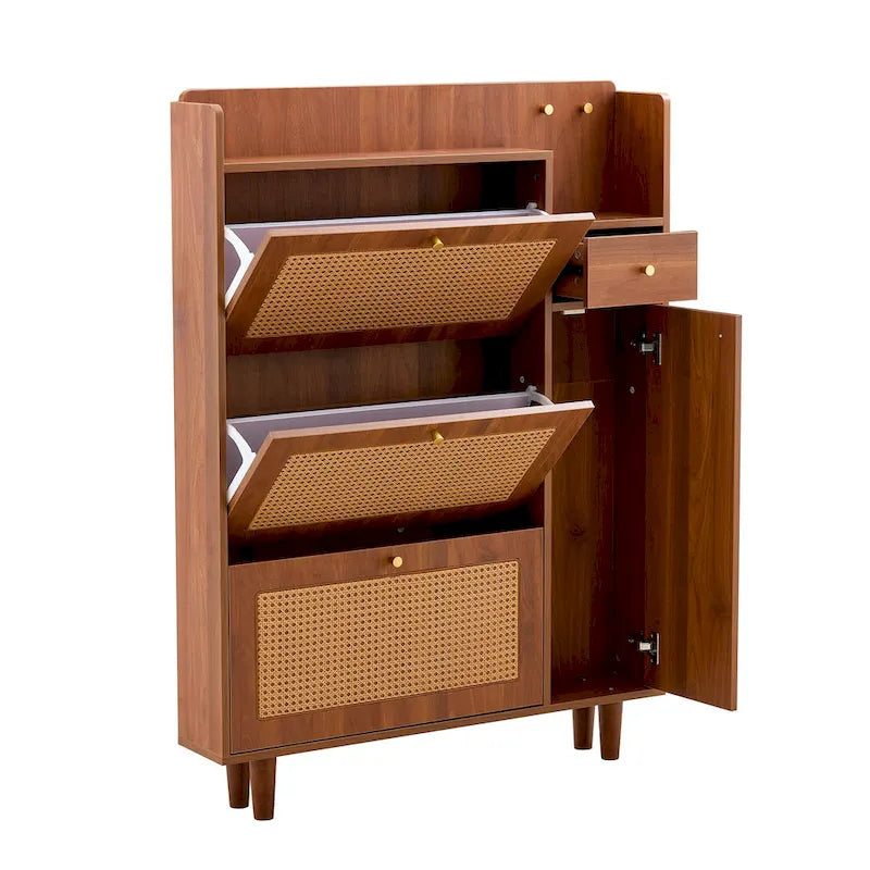 Meuble à chaussures en rotin et noyer avec porte basculante, style moderne et minimaliste, pour entrée
