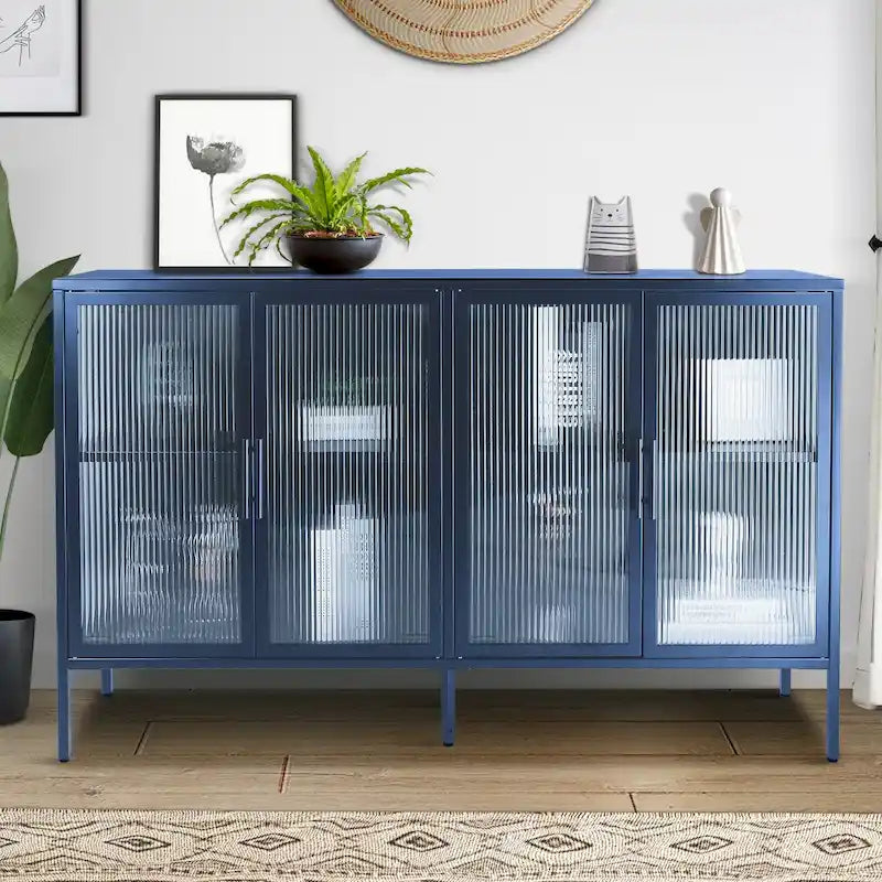 Bahut en métal à 4 portes en verre cannelé avec étagères réglables