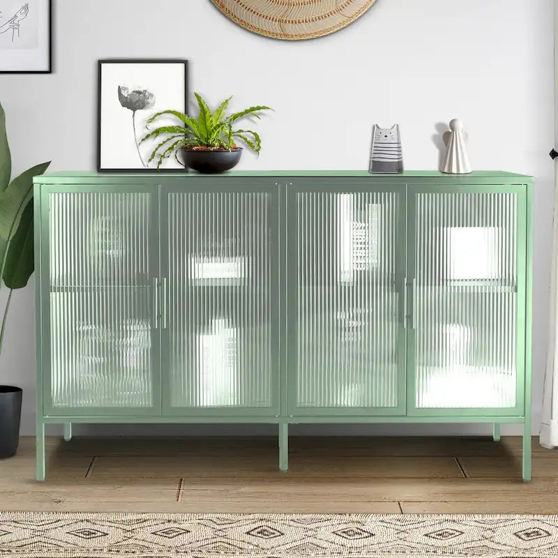 Bahut en métal à 4 portes en verre cannelé avec étagères réglables