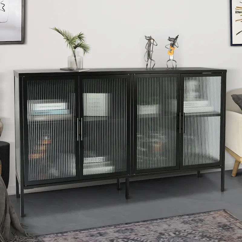 Bahut en métal à 4 portes en verre cannelé avec étagères réglables