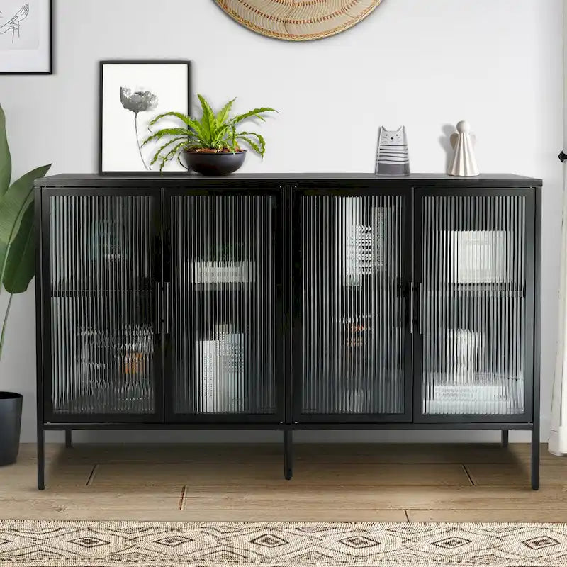 Bahut en métal à 4 portes en verre cannelé avec étagères réglables
