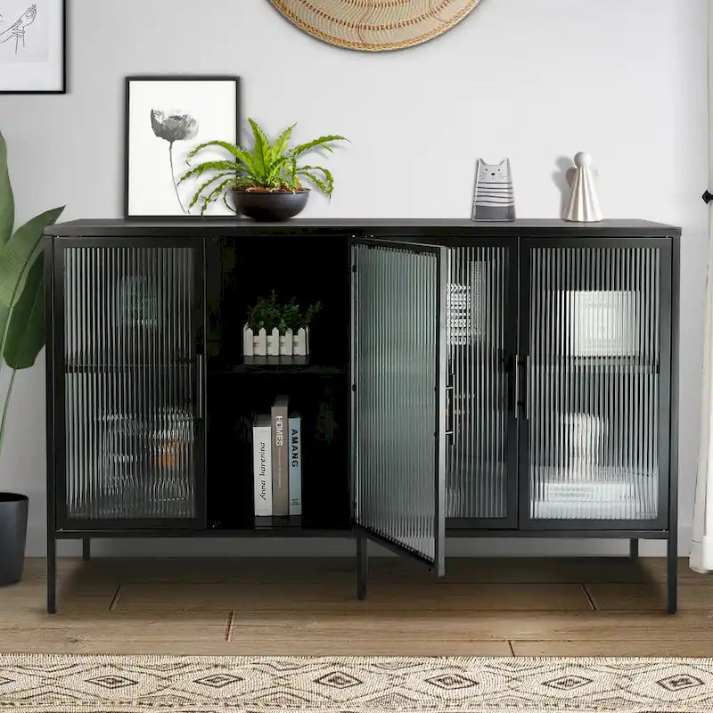 Bahut en métal à 4 portes en verre cannelé avec étagères réglables