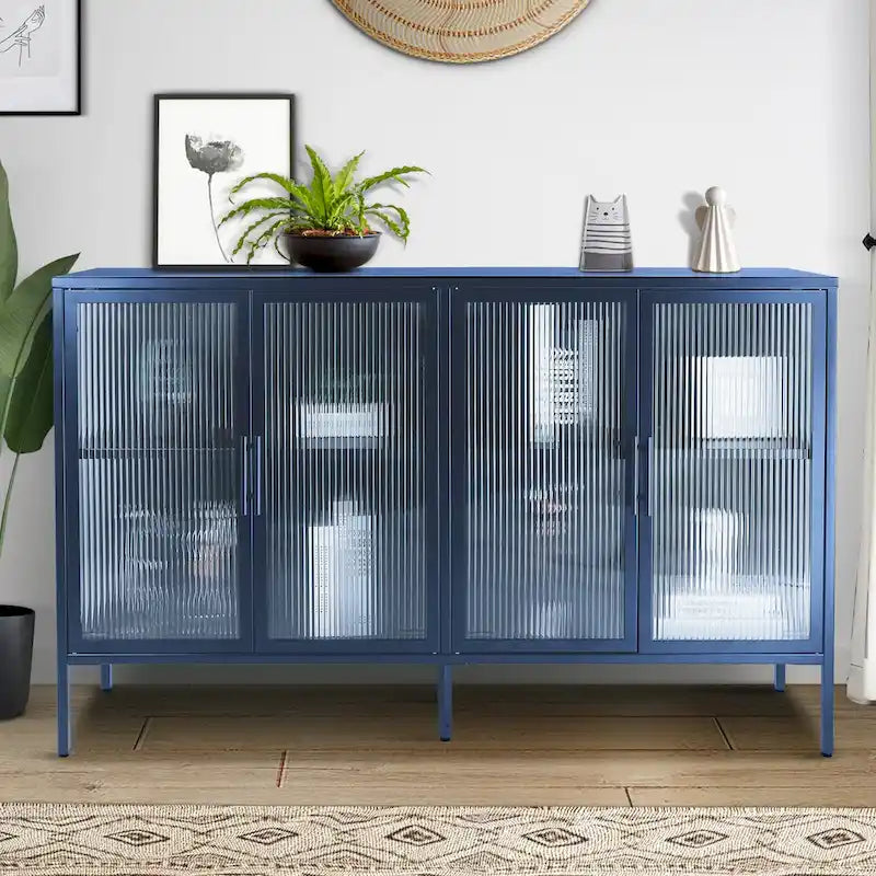 Bahut en métal à 4 portes en verre cannelé avec étagères réglables
