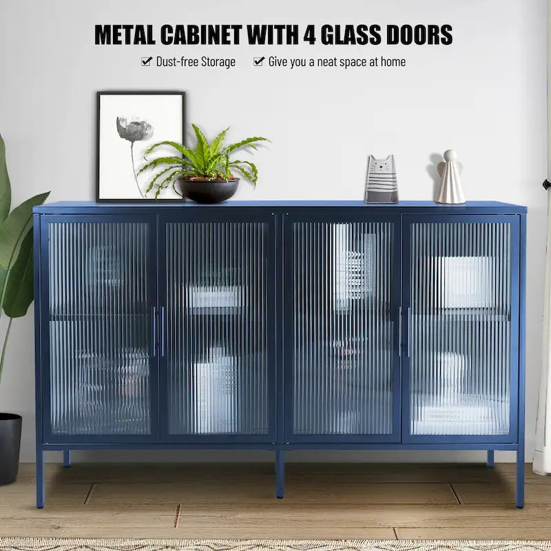 Bahut en métal à 4 portes en verre cannelé avec étagères réglables
