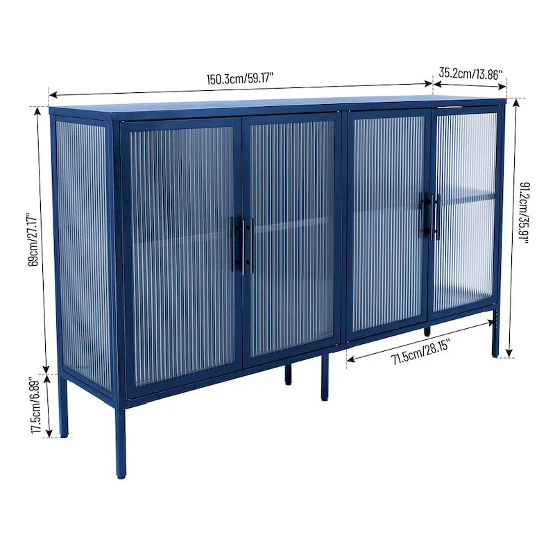 Bahut en métal à 4 portes en verre cannelé avec étagères réglables