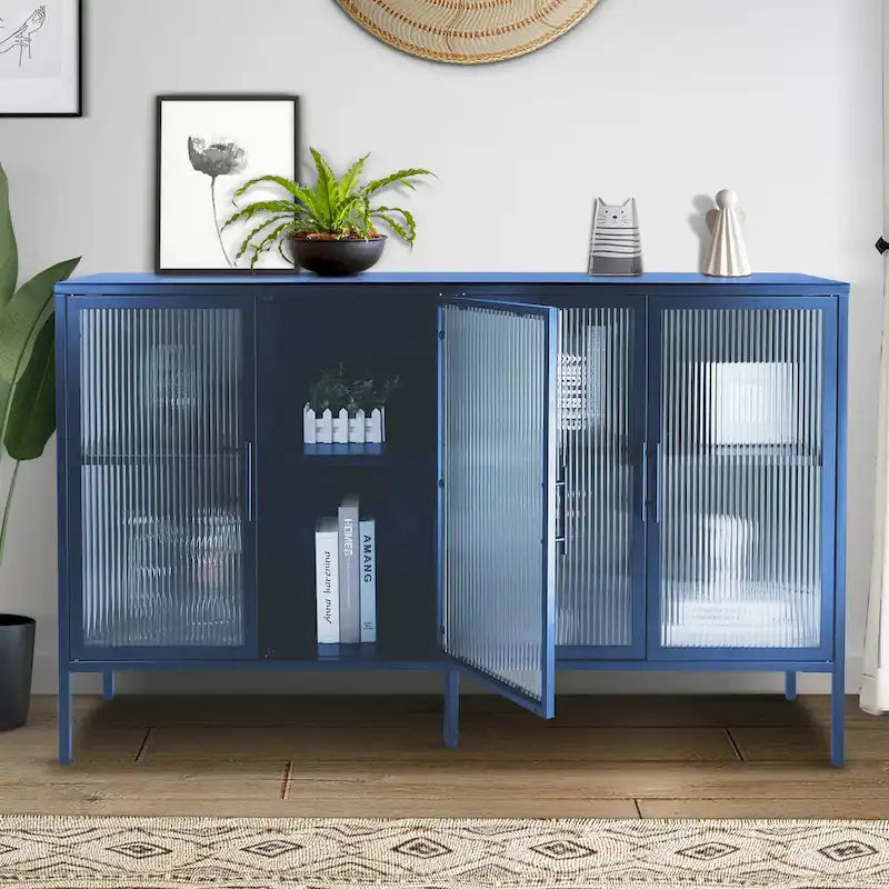 Bahut en métal à 4 portes en verre cannelé avec étagères réglables