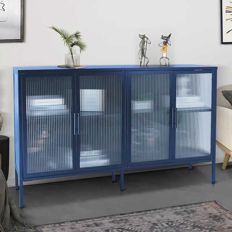 Bahut en métal à 4 portes en verre cannelé avec étagères réglables