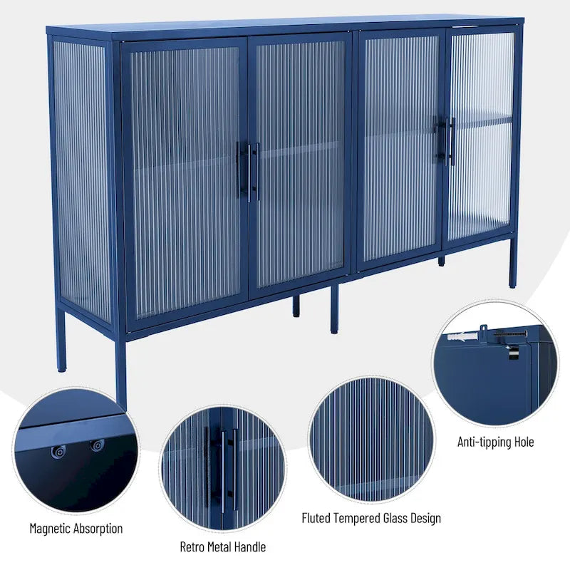 Bahut en métal à 4 portes en verre cannelé avec étagères réglables
