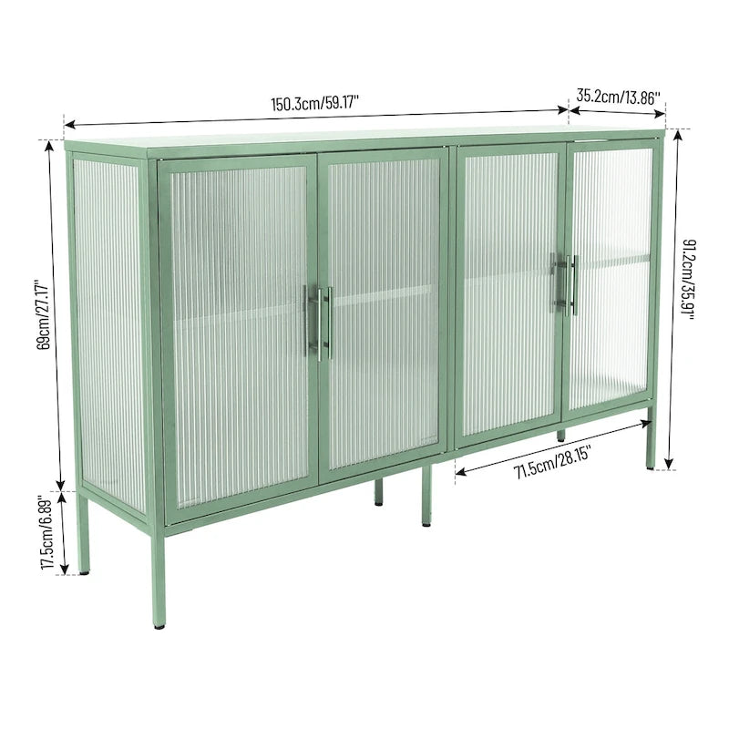 Bahut en métal à 4 portes en verre cannelé avec étagères réglables