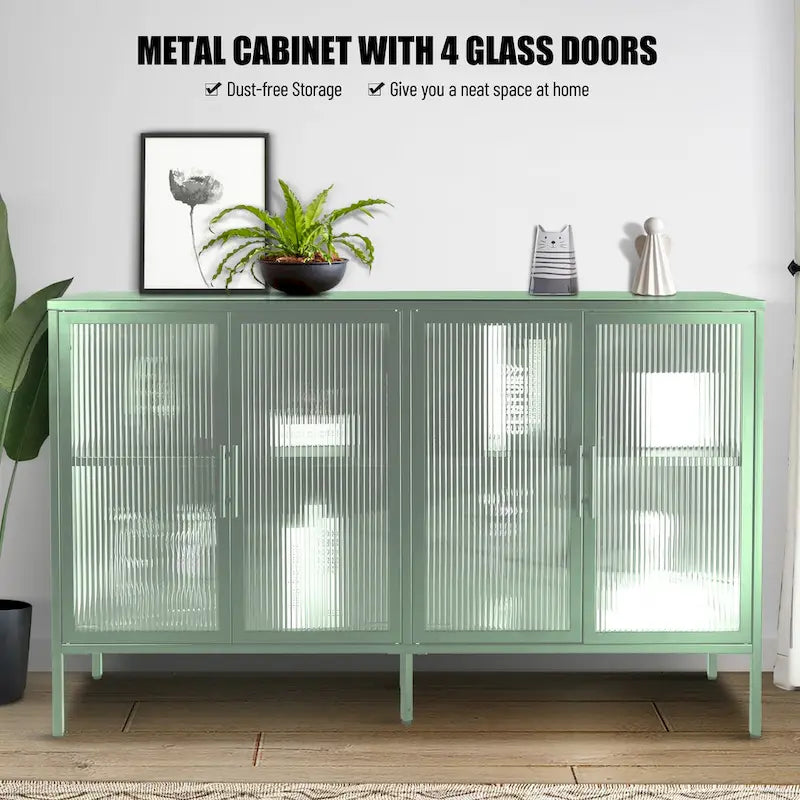 Bahut en métal à 4 portes en verre cannelé avec étagères réglables