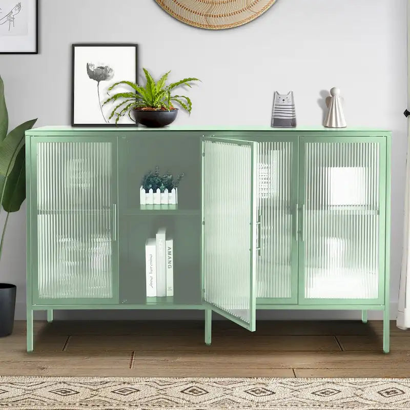 Bahut en métal à 4 portes en verre cannelé avec étagères réglables