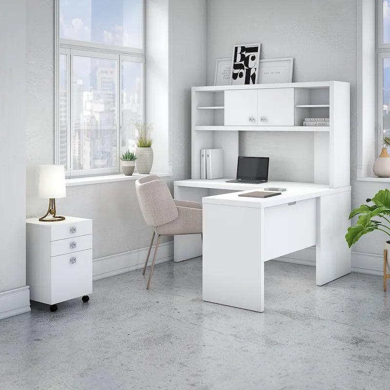 Bureau informatique d'angle blanc pur avec huche et caisson de rangement