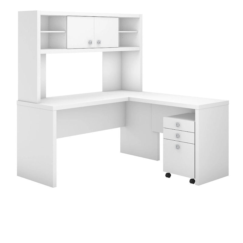 Bureau informatique d'angle blanc pur avec huche et caisson de rangement