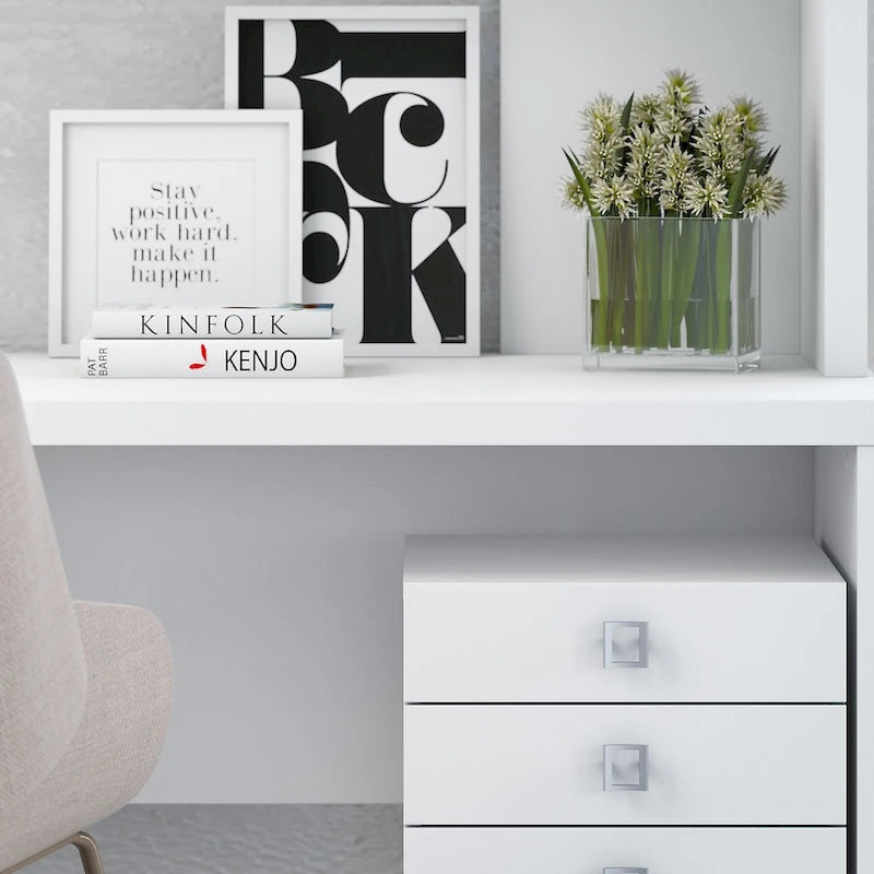 Bureau informatique d'angle blanc pur avec huche et caisson de rangement