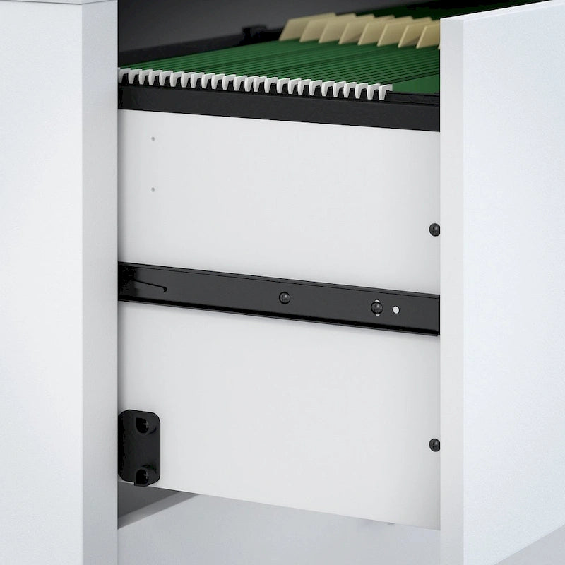 Bureau informatique d'angle blanc pur avec huche et caisson de rangement