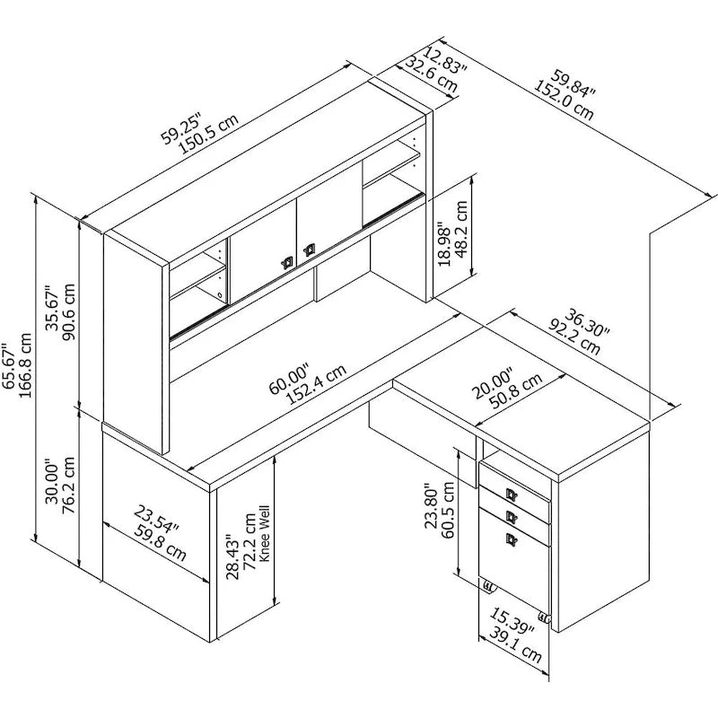Bureau informatique d'angle blanc pur avec huche et caisson de rangement