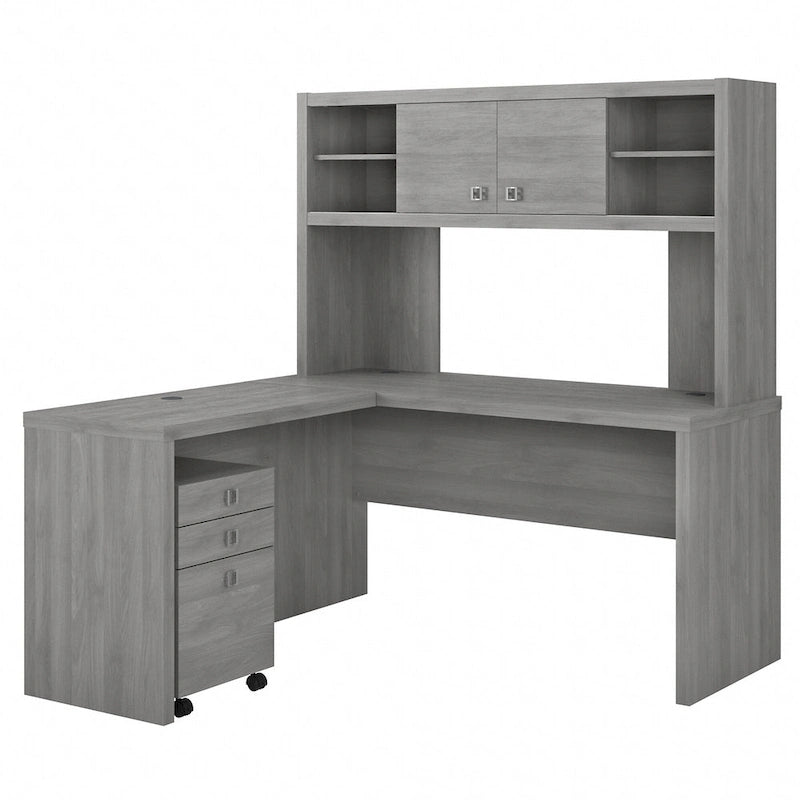 Bureau informatique d'angle blanc pur avec huche et caisson de rangement