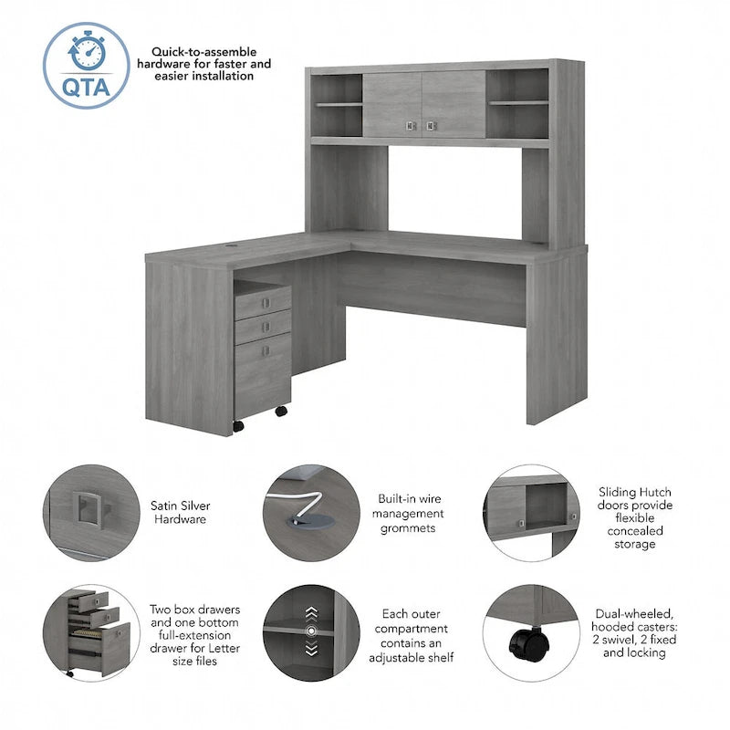 Bureau informatique d'angle blanc pur avec huche et caisson de rangement
