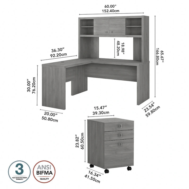 Bureau informatique d'angle blanc pur avec huche et caisson de rangement