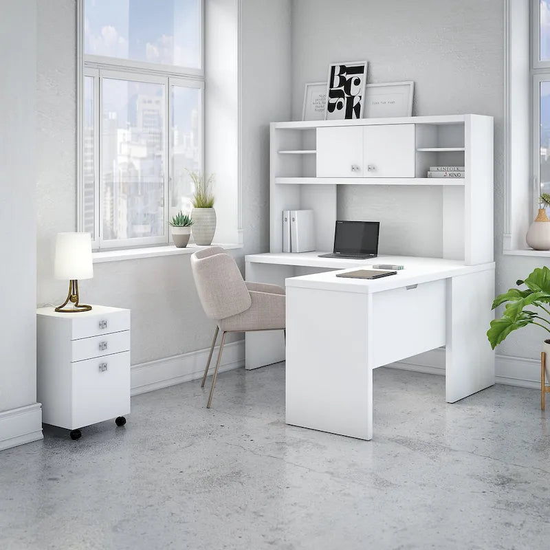 Bureau informatique d'angle blanc pur avec huche et caisson de rangement