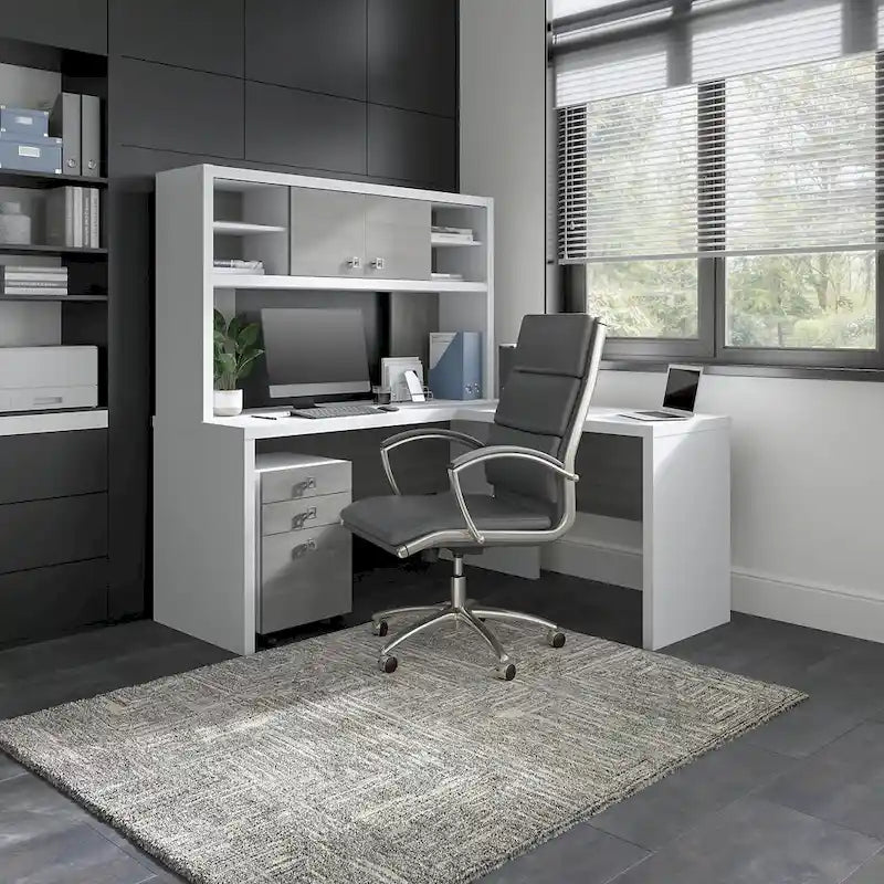 Bureau informatique d'angle blanc pur avec huche et caisson de rangement