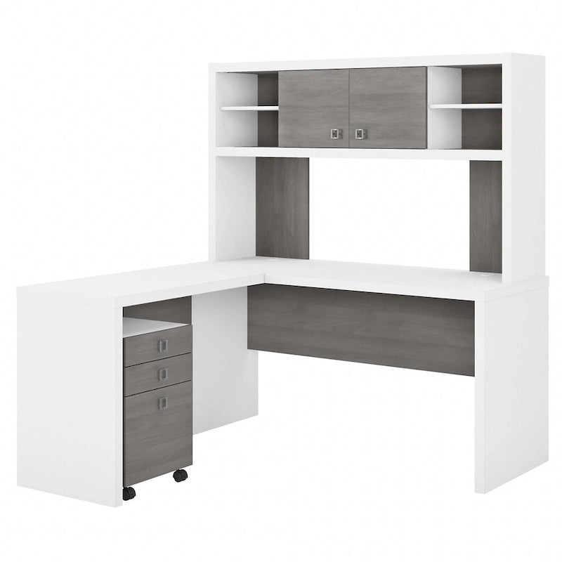 Bureau informatique d'angle blanc pur avec huche et caisson de rangement