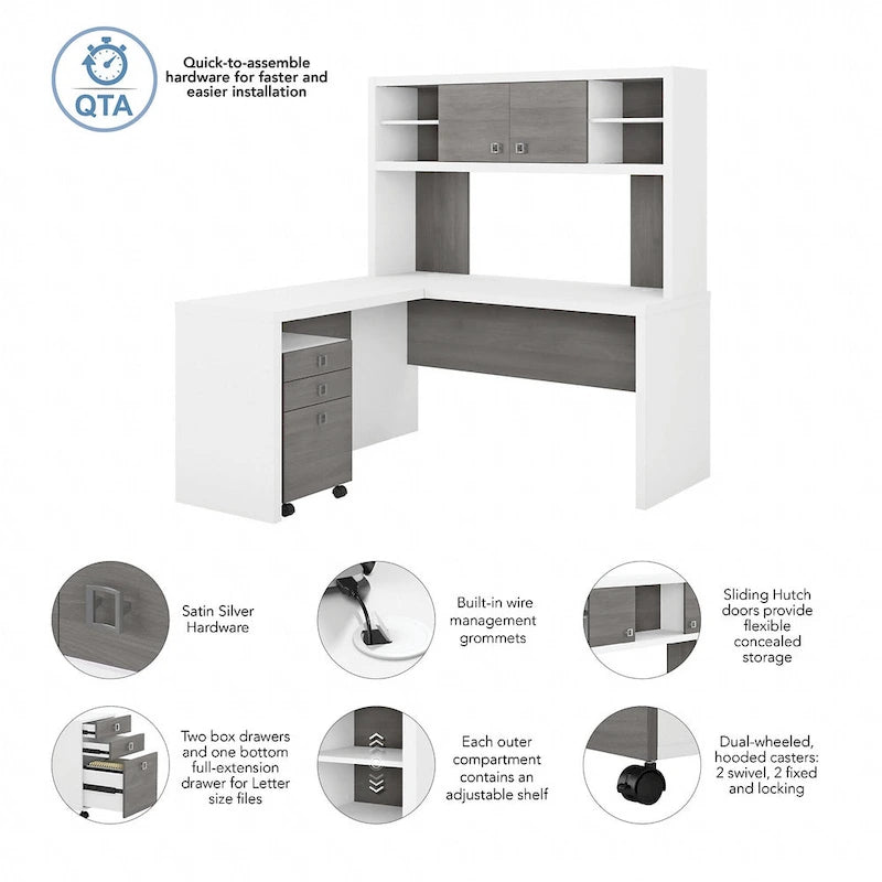 Bureau informatique d'angle blanc pur avec huche et caisson de rangement