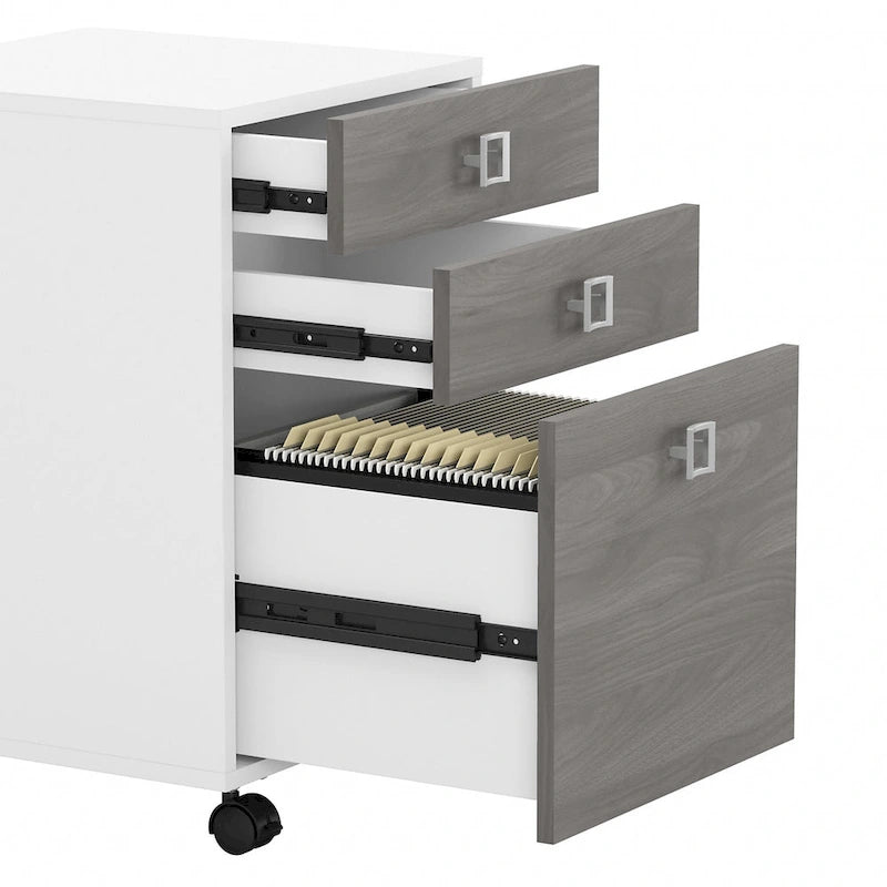 Bureau informatique d'angle blanc pur avec huche et caisson de rangement