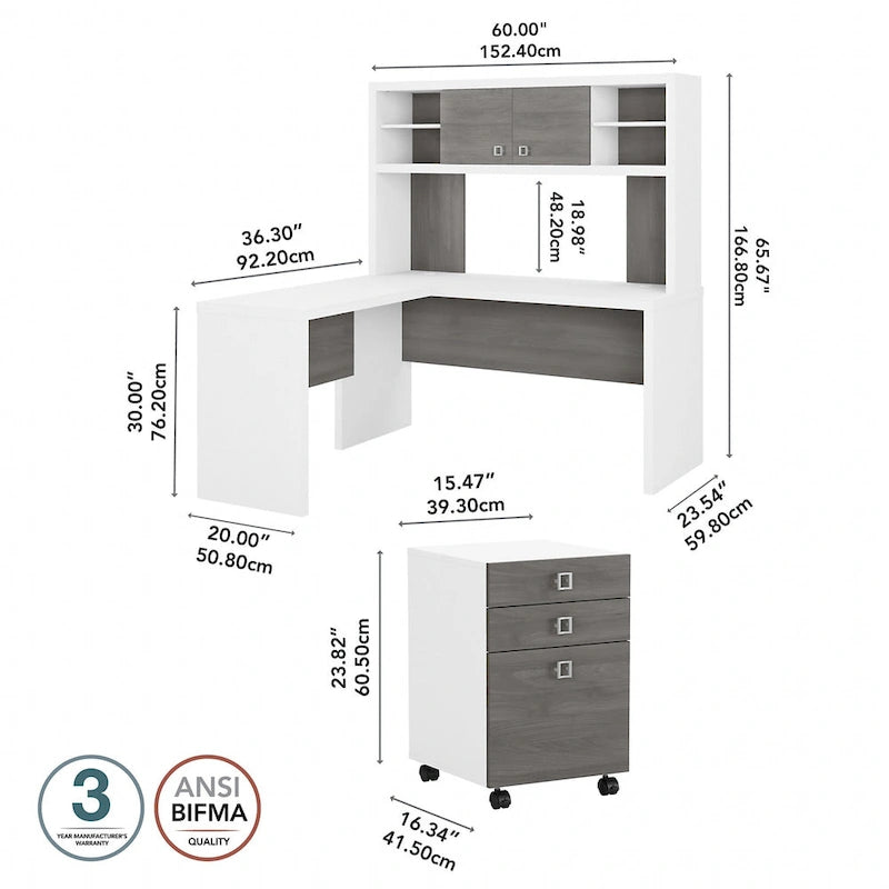 Bureau informatique d'angle blanc pur avec huche et caisson de rangement