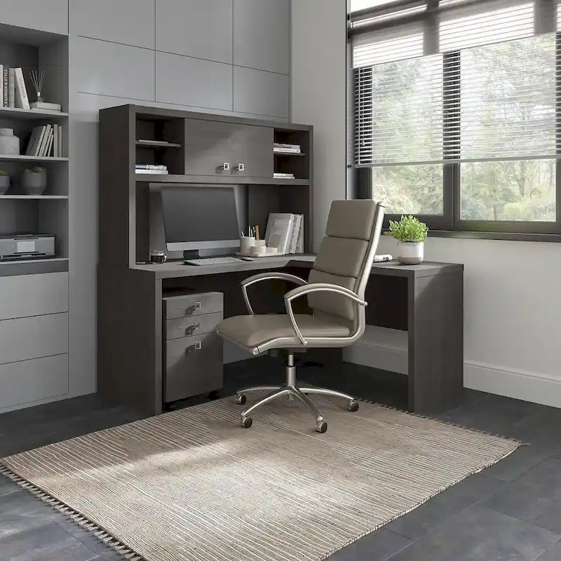 Bureau informatique d'angle blanc pur avec huche et caisson de rangement