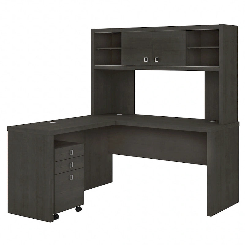 Bureau informatique d'angle blanc pur avec huche et caisson de rangement