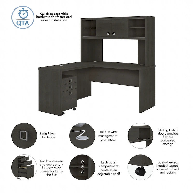 Bureau informatique d'angle blanc pur avec huche et caisson de rangement