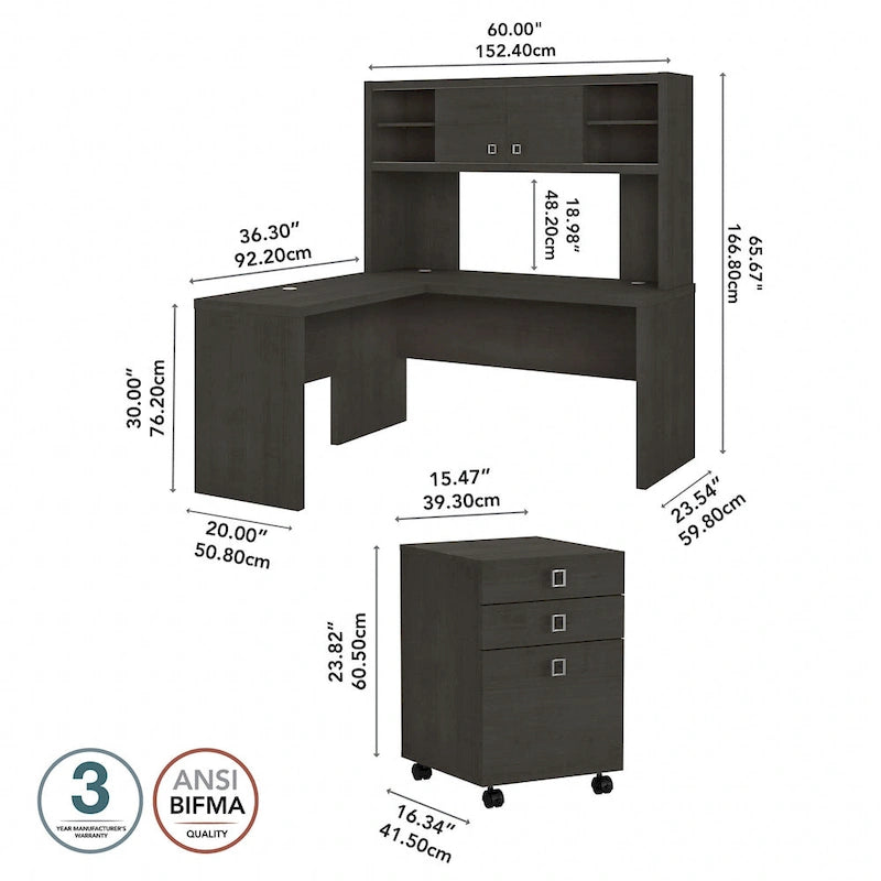 Bureau informatique d'angle blanc pur avec huche et caisson de rangement