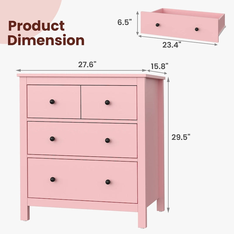 Commode en bois rose avec 4 tiroirs et boutons noirs