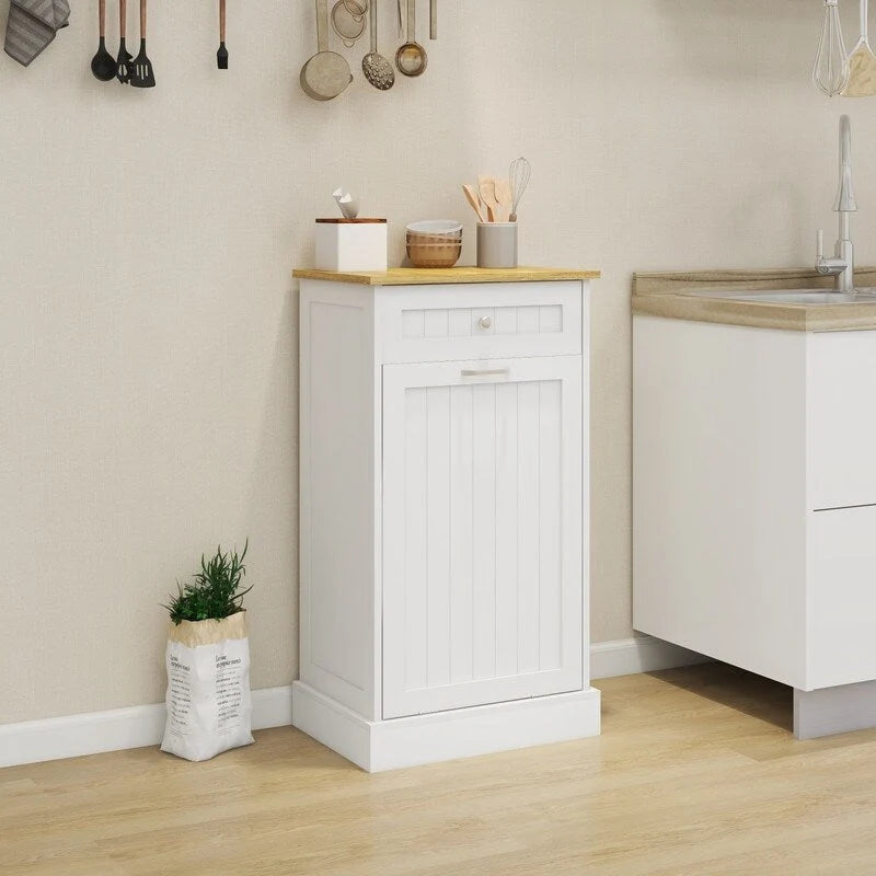 Meuble de cuisine pour poubelle basculante avec tiroir de rangement en bois blanc