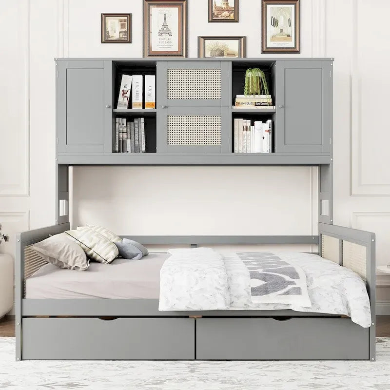Banquette-lit de rangement en bois avec étagères armoire tiroirs rotin blanc gris